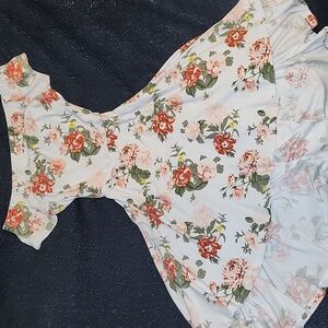 White w Pink/Red Floral Print Cottagecore Cutesy Mini-Midi High-Low Dress